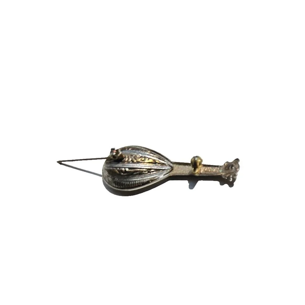 Vintage Silver Filigree Mandolin Lute Brooch Pin Miniature Instrument Spain EUC